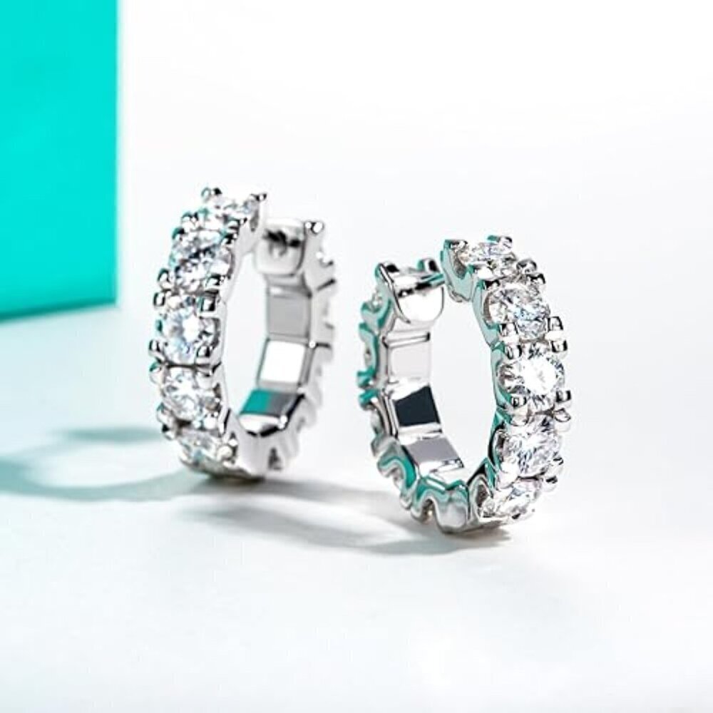 Certified 14K White Gold Huggie Hoop Earrings 6CT Moissanite Diamond S925 Gift